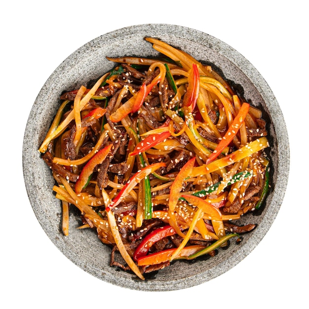 Portion of szechuan style beef with vegetables