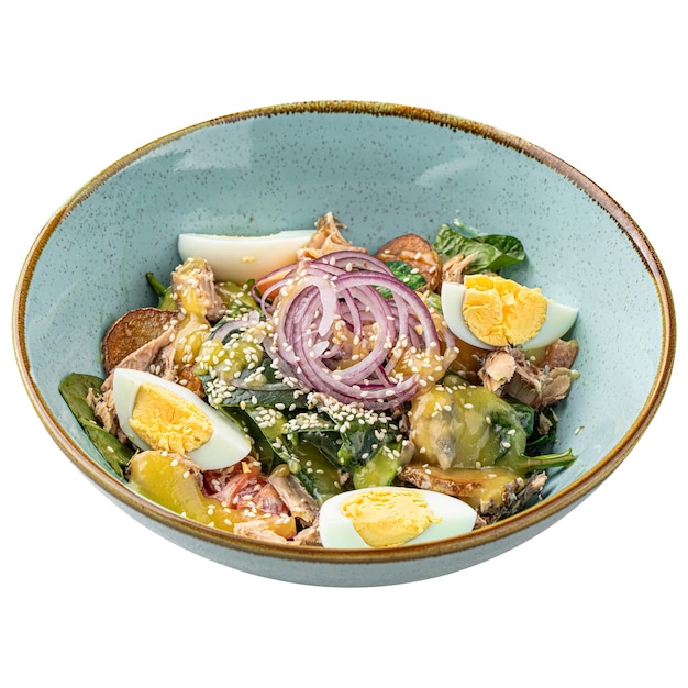 Portion of tuna salad with eggs and vegetables