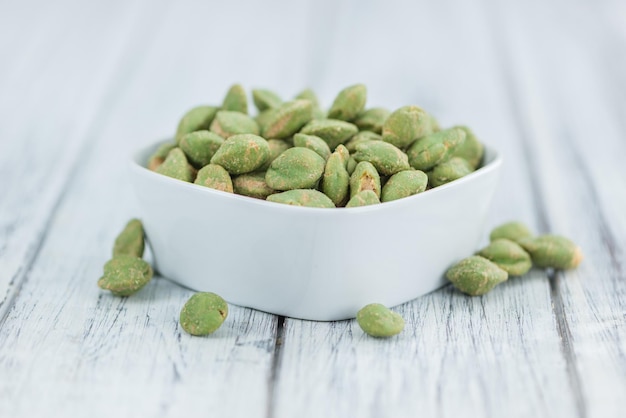 Portion of wasabi peanuts