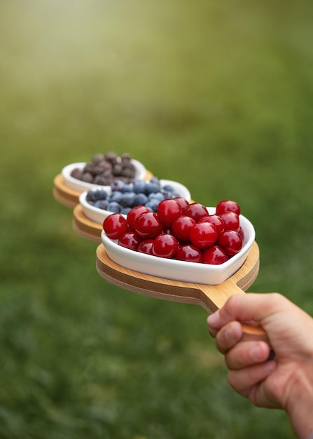 Portion wooden dish on green background top viewin a hand on the grass Wooden partitioned dish divided into equal 3 section Compartmentals dish for food dessert fruit berries and vegetable