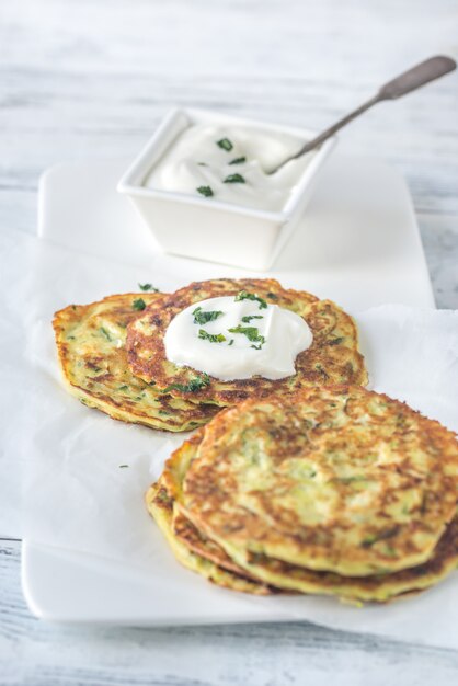 Portion of zucchini fritters with greek yogurt