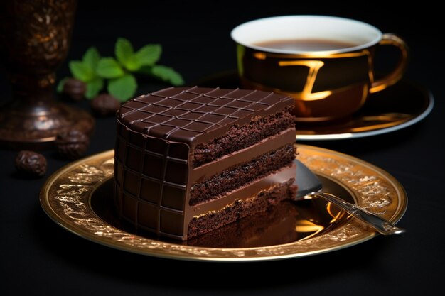 Portioned chocolate cake served with tea