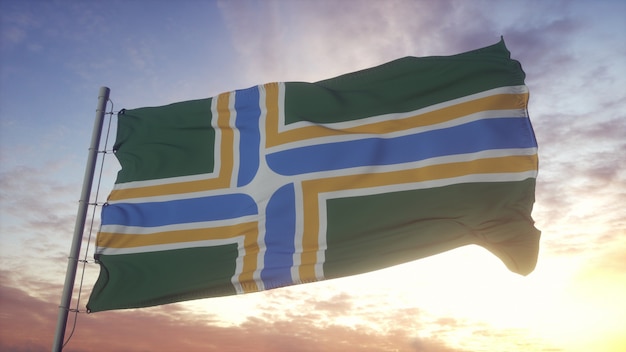 Portland city flag, city of usa waving in the wind, sky and sun\
background. 3d rendering