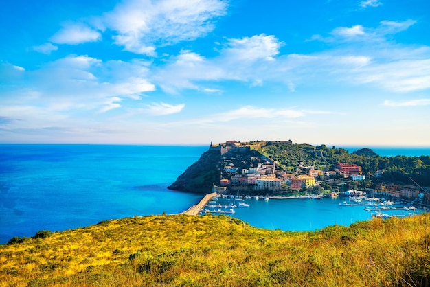 Porto Ercole village and harbor in a sea bay Aerial view Argentario Tuscany Italy