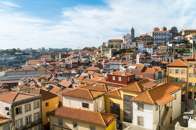 PORTO PORTUGAL OCTOBER 31 2017 Panoramis view of old city center and red tiled roofs of Porto Portugal