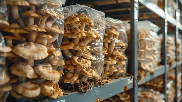 Portobello and champignon mushrooms in closeup from the factory against blurry backdrop with space for text or product Generative AI