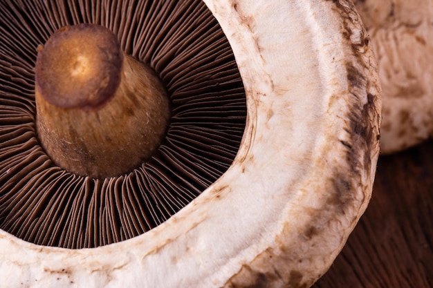 Portobello mushrooms over old wood background