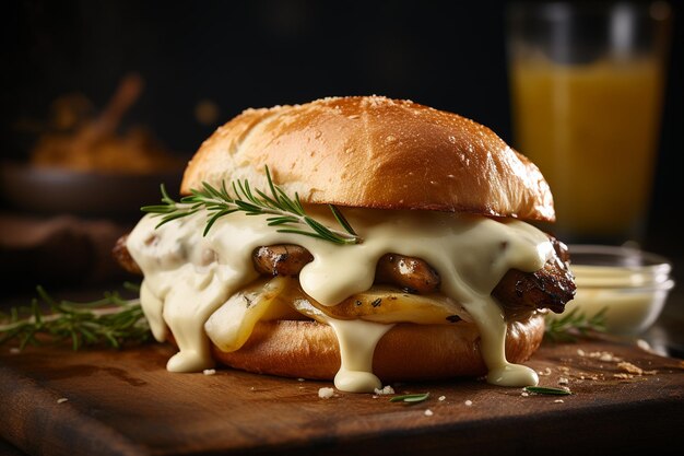 Foto burger di pollo svizzero portobello con aioli all'aglio