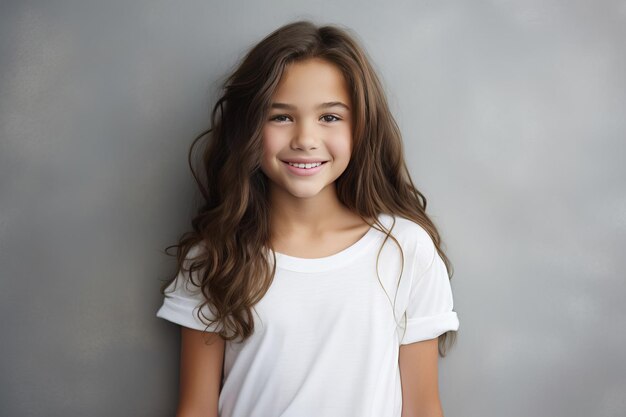 портрет 10-летней девочки, улыбающейся на сером фоне