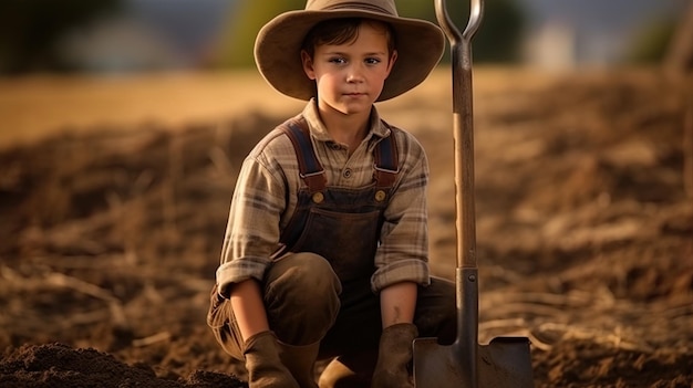 Foto ritratto di 10 anni un piccolo contadino con una pala in mano