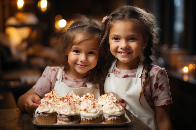 Portrait of 2 girl kid making cake bakery in kitchen AI Generated