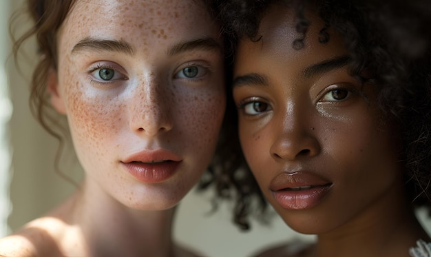 Photo portrait 2 women of diverse ethnicites with skin blemishes generated ai