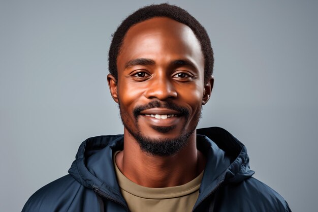 Photo portrait of a 30 year old african american man in casual dress smiling and looking at the camera is