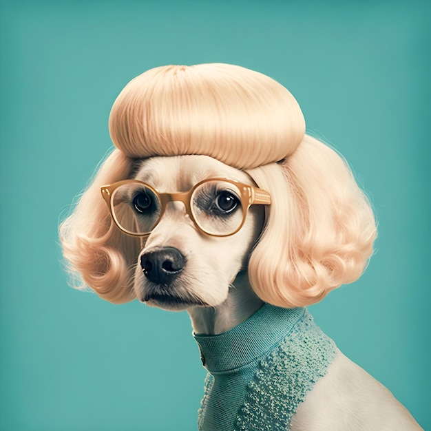 60 年代ファッション犬イラスト トレンディで面白いアートの肖像画