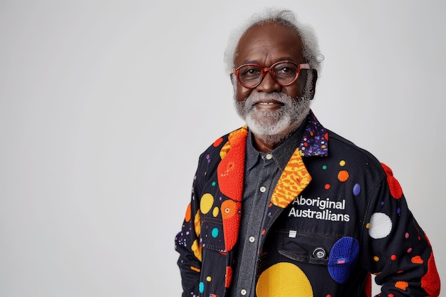 Portrait of an Aboriginal Australian man wearing a colorful jacket