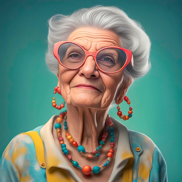 Portrait of an active bright extravagant happy elderly woman