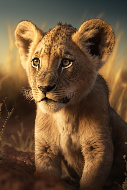 Портрет очаровательного африканского львенка на равнине африканской саванны в восточной и южной Африке