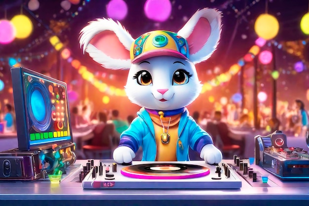 Portrait adorable animal DJ at the disco on headphones with mixing table setup