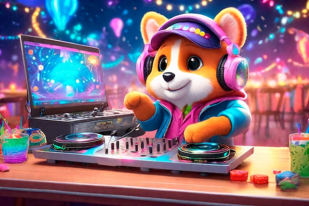 Portrait adorable animal DJ at the disco on headphones with mixing table setup