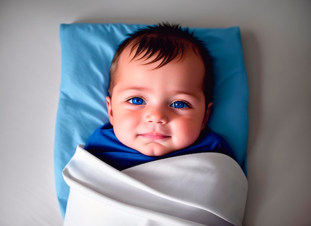 Portrait of adorable baby boy with blue eyes lying on the bed Generative AI