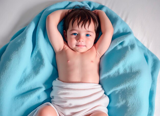 침대에 누워 있는 파란 눈을 가진 사랑스러운 아기의 초상화 생성 AI