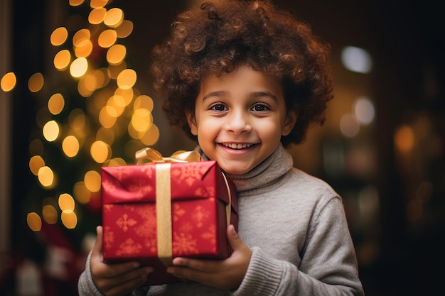 Photo portrait of adorable boy with giftbox