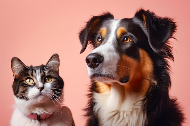 Photo portrait of adorable cat and dog together animal friendship generative ai