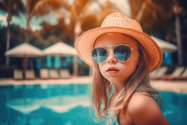 Portrait of adorable cute little girl in sunglasses at pool summer vacation fun generative ai