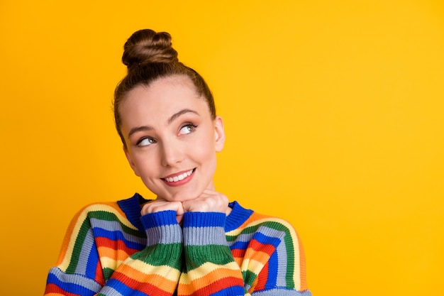 Portrait of adorable cute sweet girl look copyspace think thoughts admire weekend holiday wear jumper isolated over bright color background