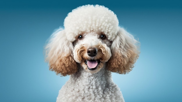 Portrait adorable cute white poodle puppy dog isolated on blue background Generative AI
