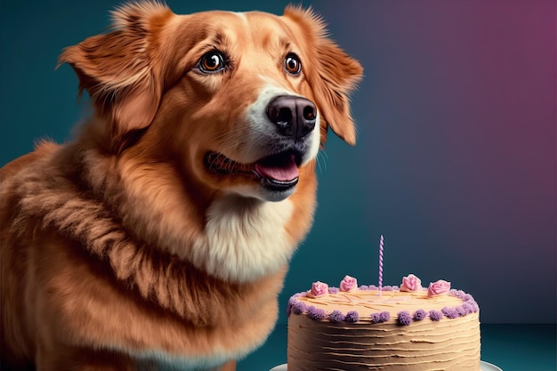 Portrait of an adorable domestic dog celebrating a birthday in front of a yummy cake with a candle Best friend concept