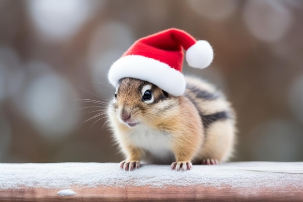 Portrait of an adorable festive christmas chipmunk wearing a santa hat in a winter landscape