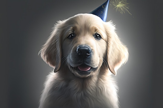 Portrait of an adorable golden retriever puppy celebrating his birthday generative ai