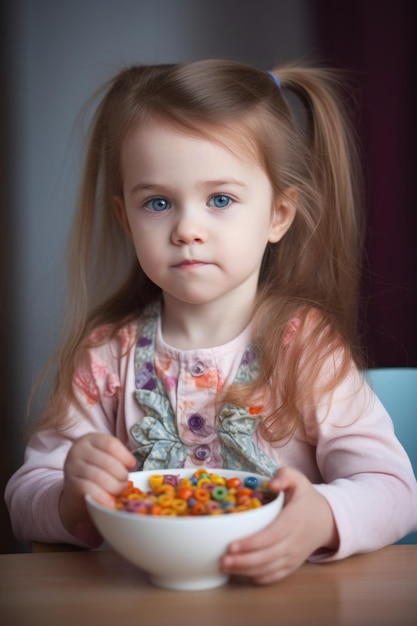 Portrait of an adorable little girl enjoying a bowl of cereal created with generative ai