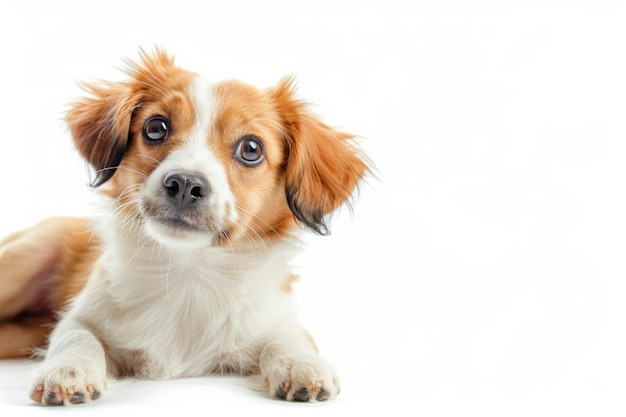 Photo portrait of an adorable mixed breed puppy white background