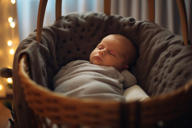 赤ちゃんのベッドの中の可愛い新生児の肖像画