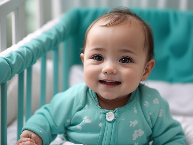 Portrait of adorable newborn baby in crib