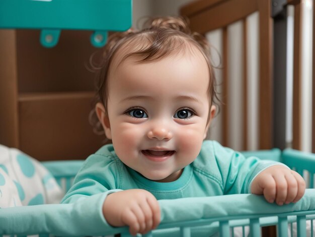 Portrait of adorable newborn baby in crib