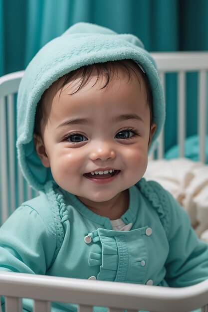 Portrait of adorable newborn baby in crib