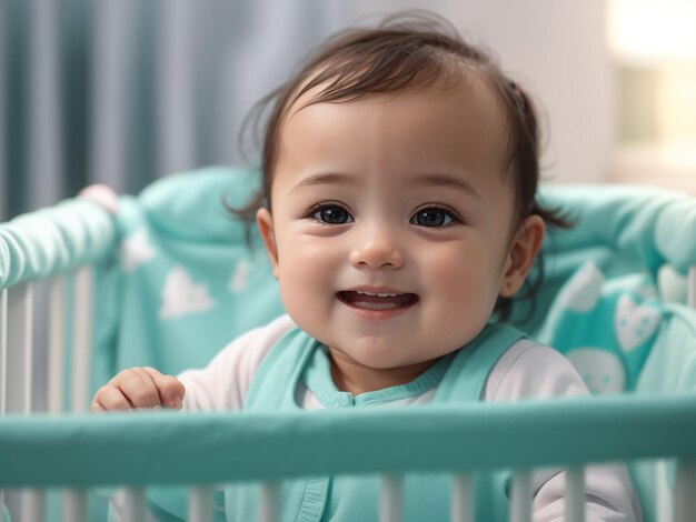 Portrait of adorable newborn baby in crib