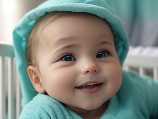 Photo portrait of adorable newborn baby in crib