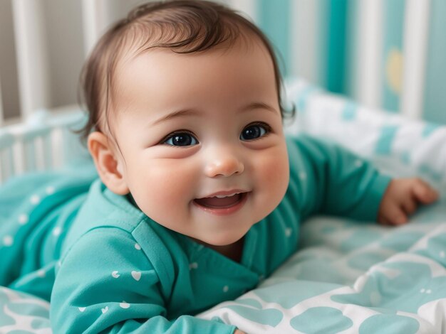 Portrait of adorable newborn baby in crib