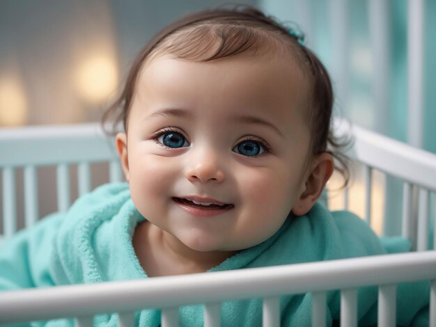 Portrait of adorable newborn baby in crib