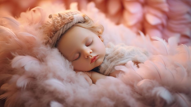 A portrait of an adorable newborn baby peacefully sleeping in a nest of feathers - Ai generated