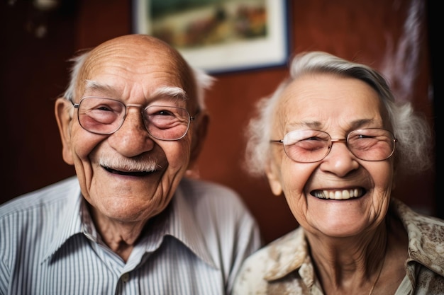 Portrait of adorable senior couple laughing while at a retirement home created with generative ai