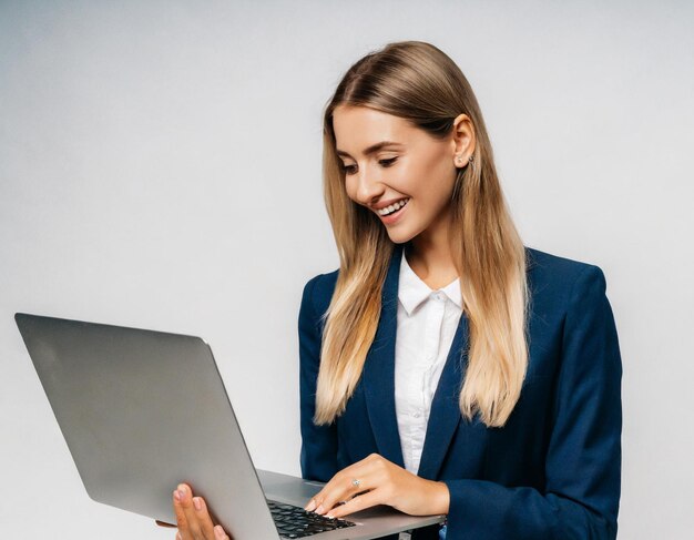 Foto ritratto di un'adorabile donna sorridente bionda con i capelli lunghi che tiene e guarda lo schermo argento del portatile