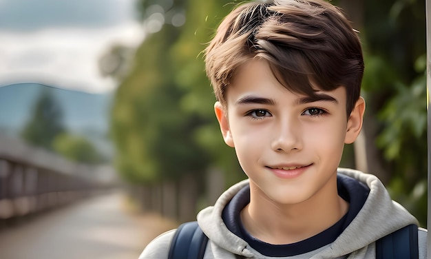 Portrait of a adorable teenage schoolboy is wearing uniform on the road to the school westerner o