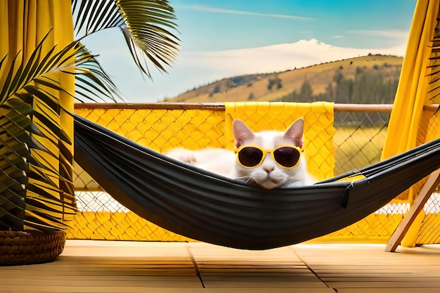 portrait of an adorable white cat in sunglasses and an shirt lies on a fabric hammock isolated