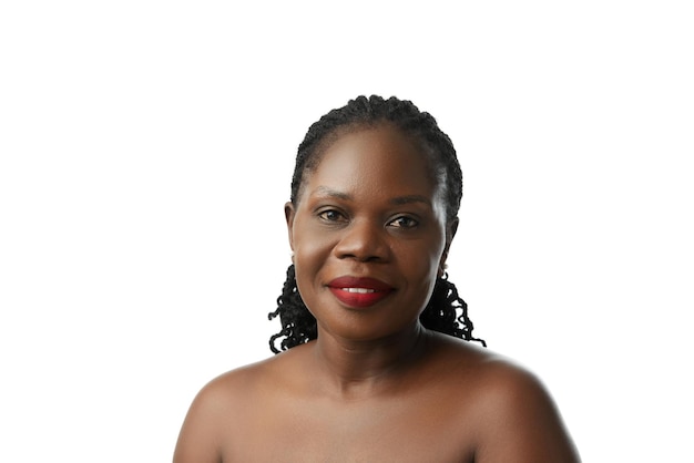 portrait of adult african beautiful woman with red lips clear spotless skin smiling isolated on