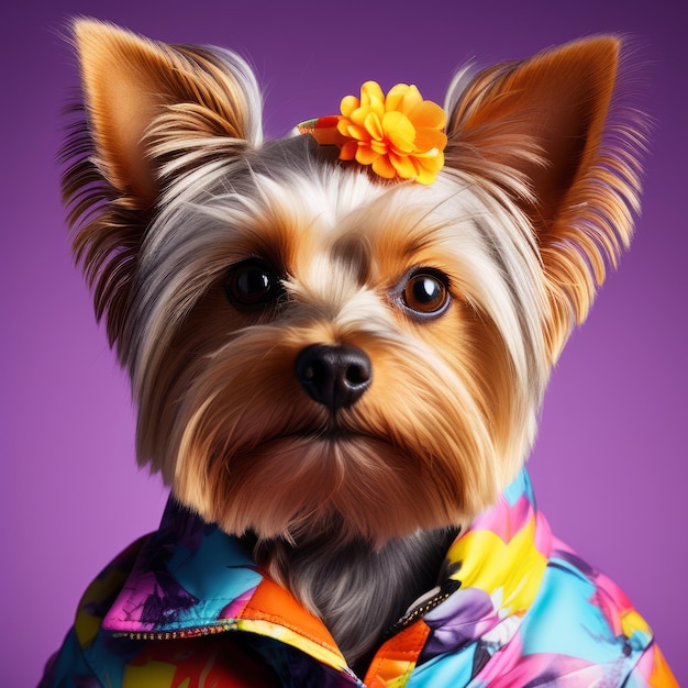 portrait of an adult dog dressed in colorful hawaiian style with bright purple flowers in front